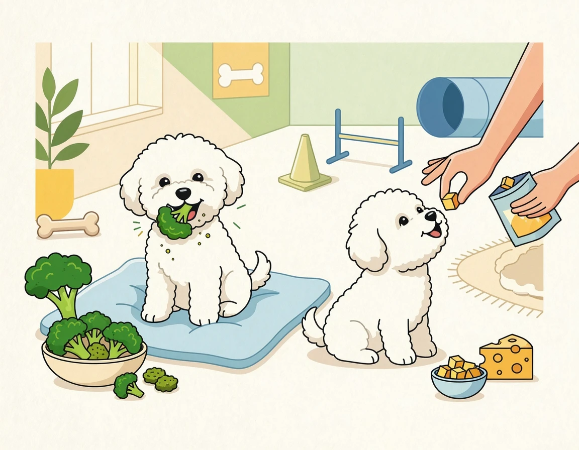 작게 자른 데친 브로콜리를 강아지 훈련용 간식으로 주는 중