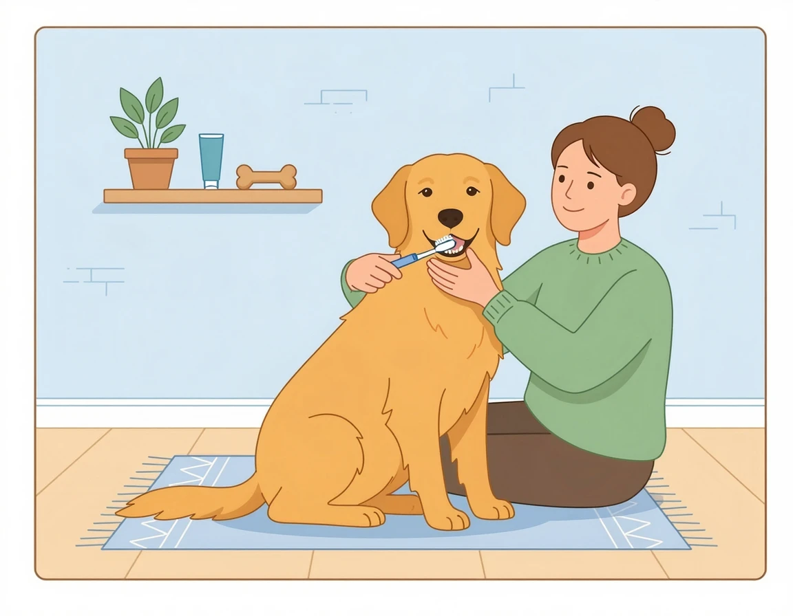 얌전히 양치를 받는 강아지 일러스트