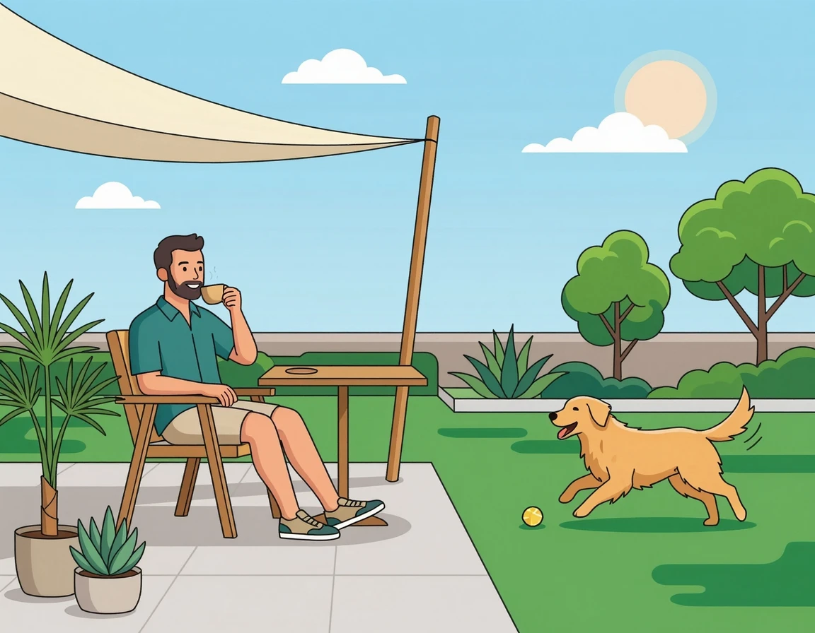 그늘막 아래서 커피를 마시며 반려견을 지켜보는 보호자