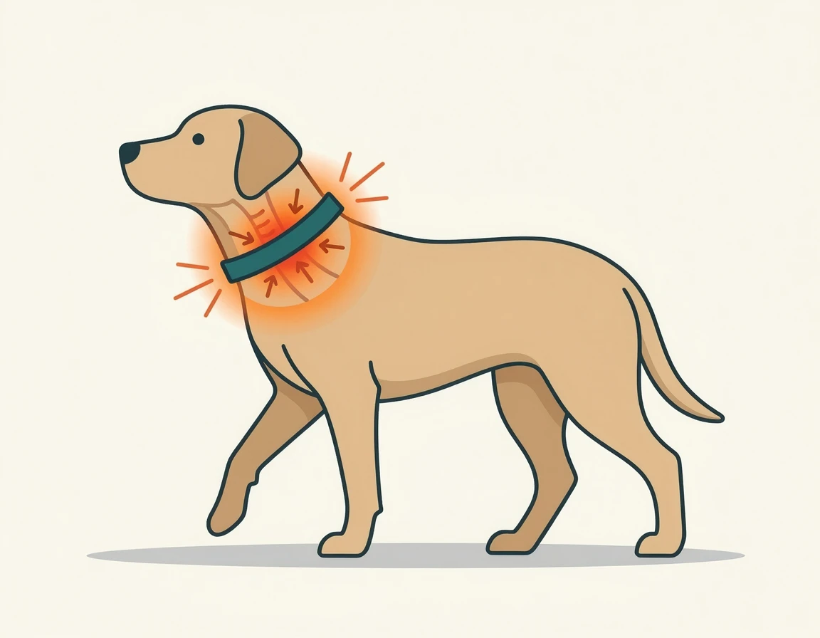 강아지 목줄 당김으로 인한 목 부위 압박을 보여주는 개념 일러스트