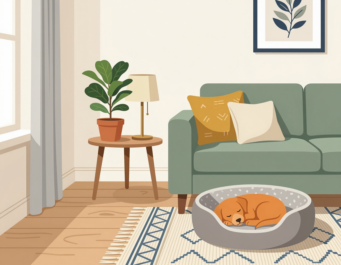 아늑한 코너에 배치된 강아지 침대