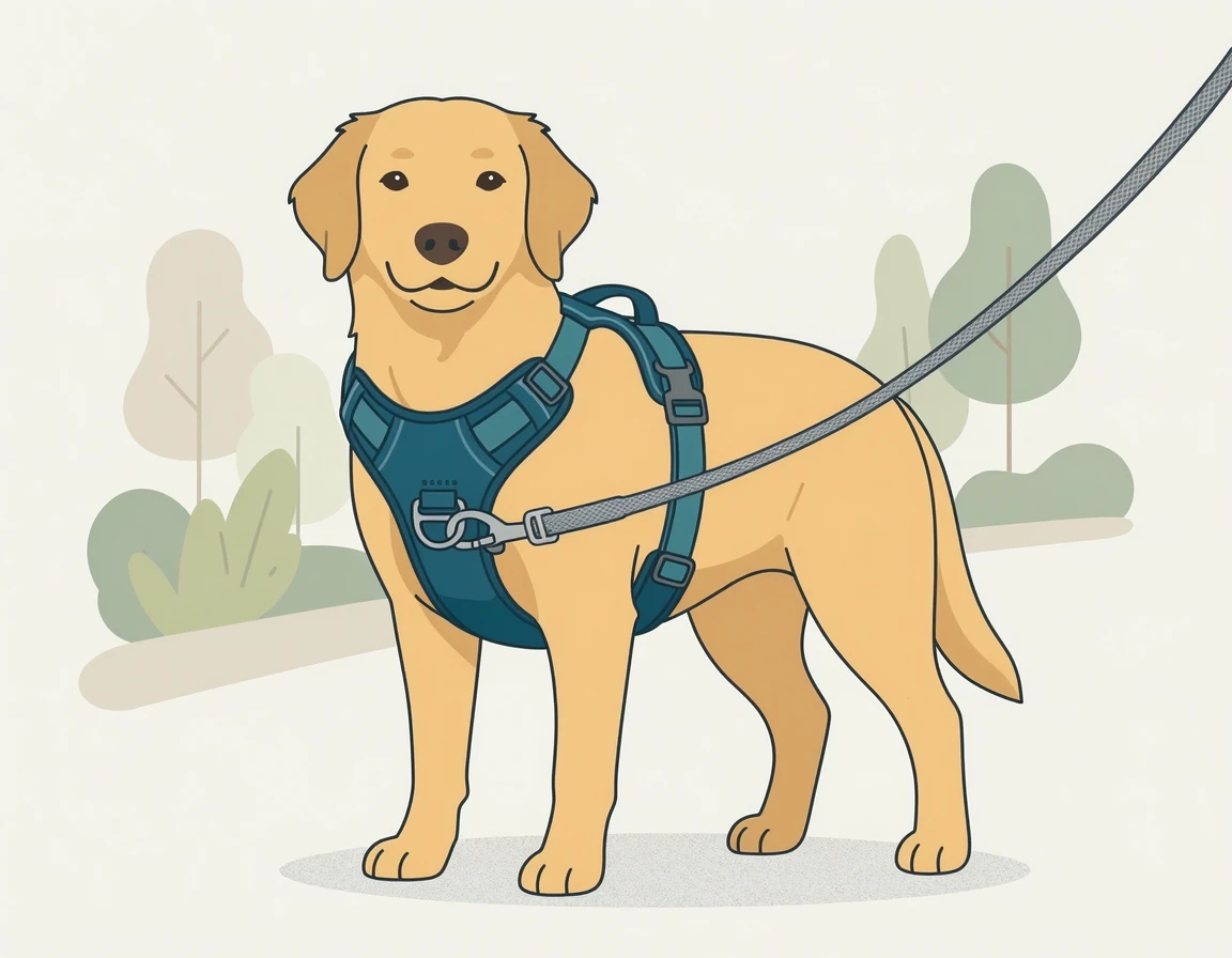 가슴 앞쪽에 리드줄을 연결하는 앞섬 방지 하네스 구조 일러스트