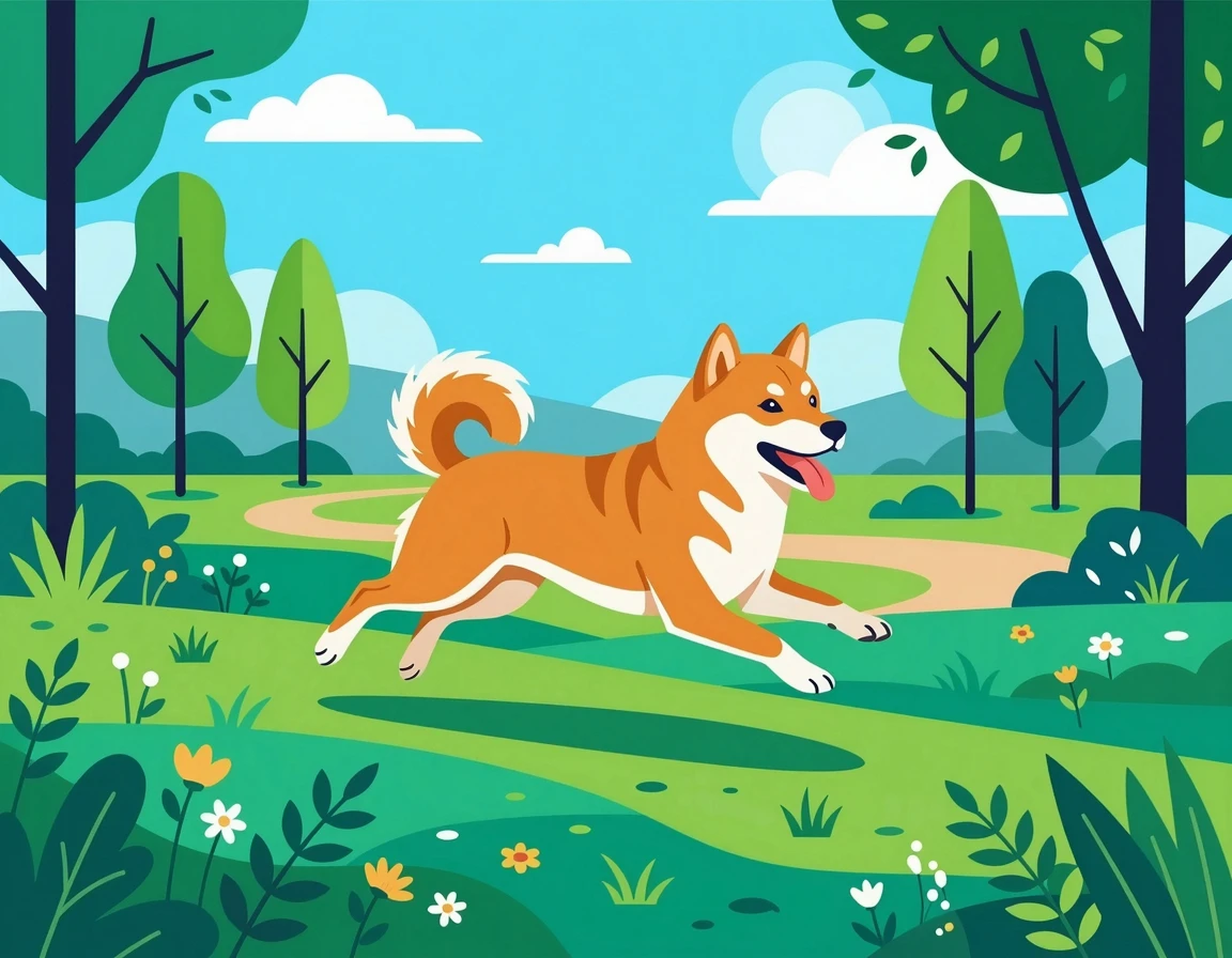 공원에서 활기차게 뛰어노는 시바견 일러스트