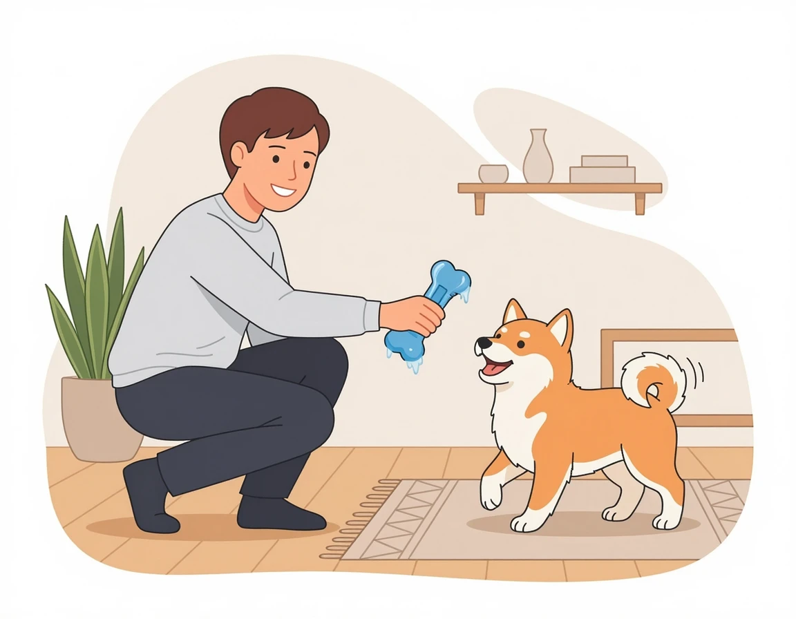 강아지에게 대체 장난감을 주는 모습