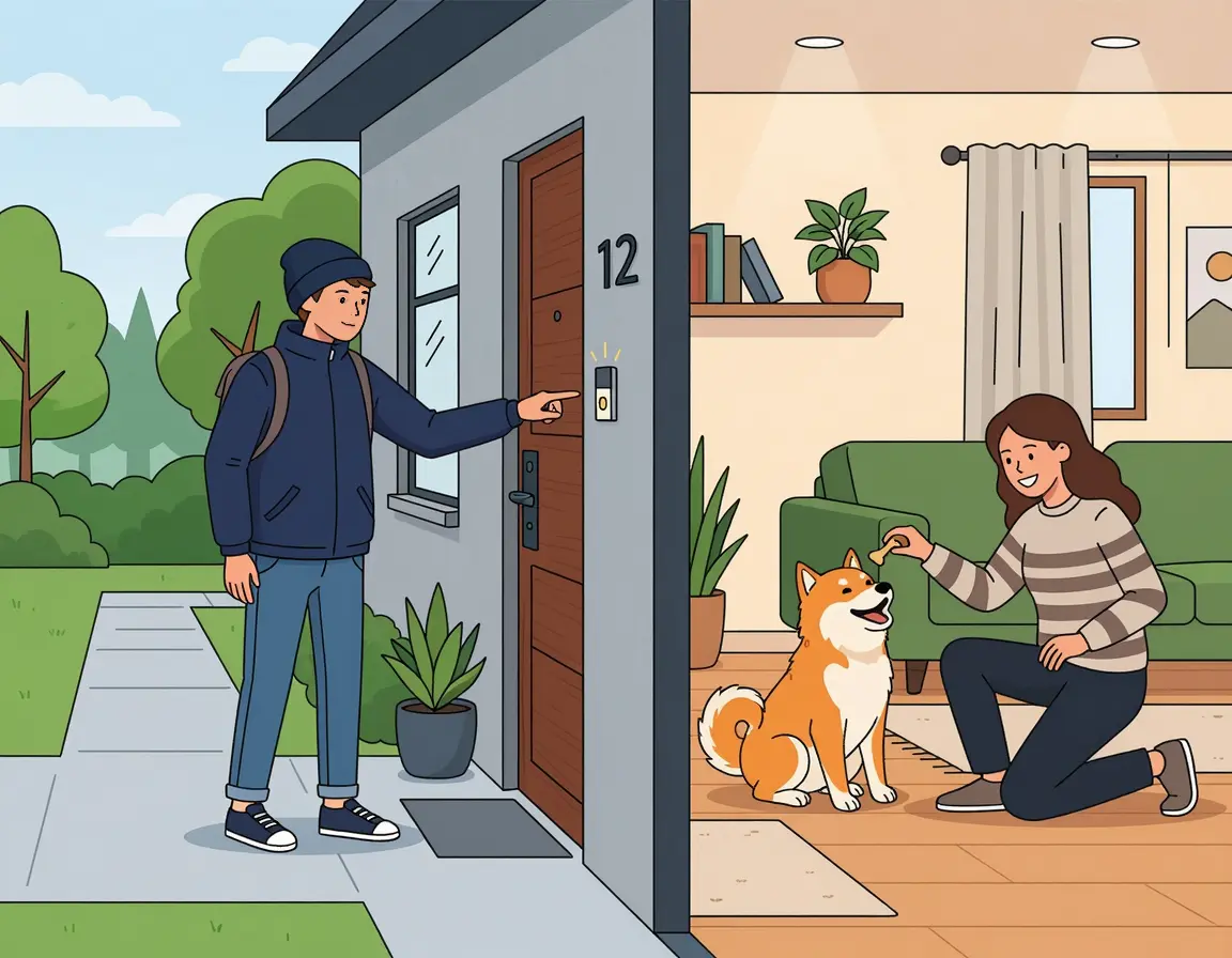 초인종 소리에 맞춰 간식 보상을 받는 강아지