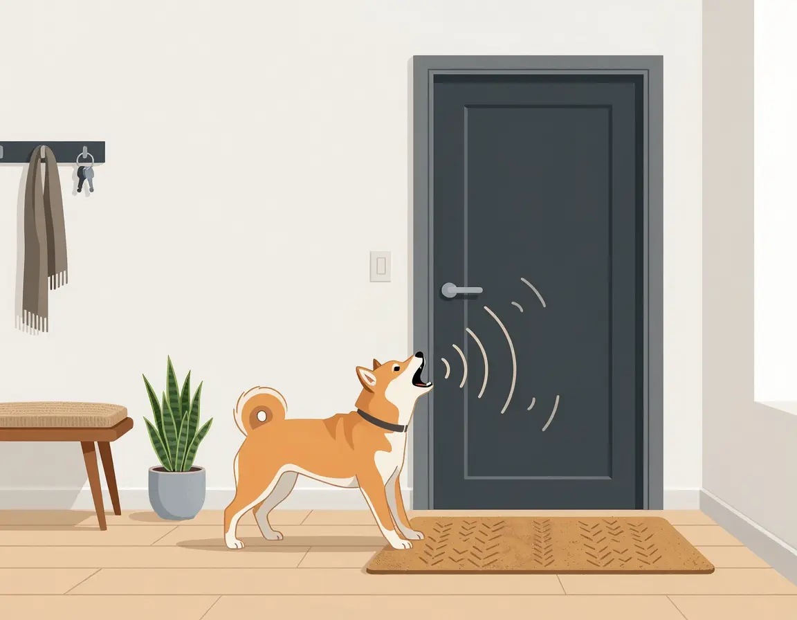 초인종 현관문을 향해 짖는 시바견