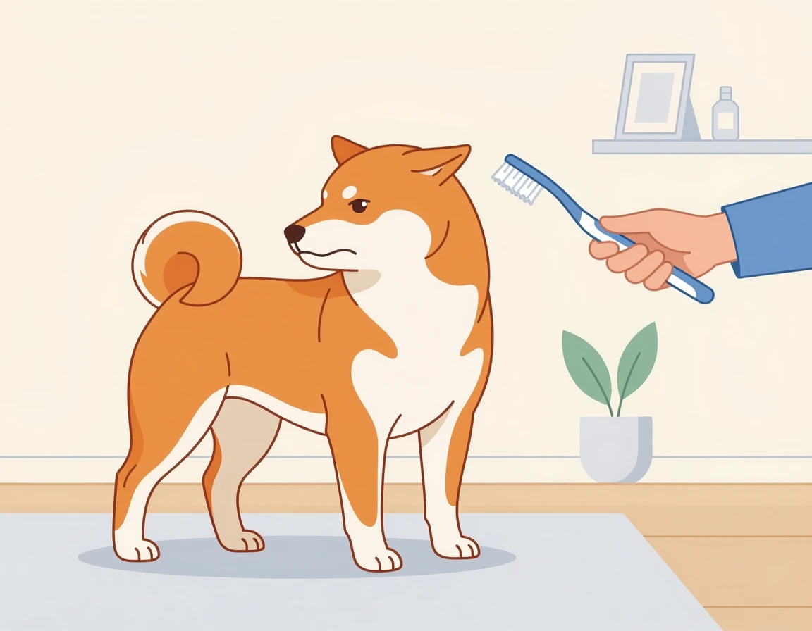 칫솔을 피하는 시바견 일러스트