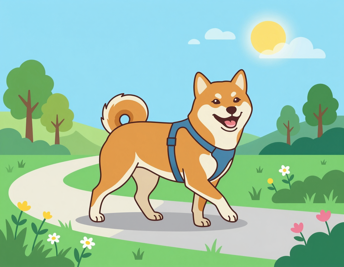 윤기 나는 털을 자랑하며 야외를 걷는 웃는 시바견