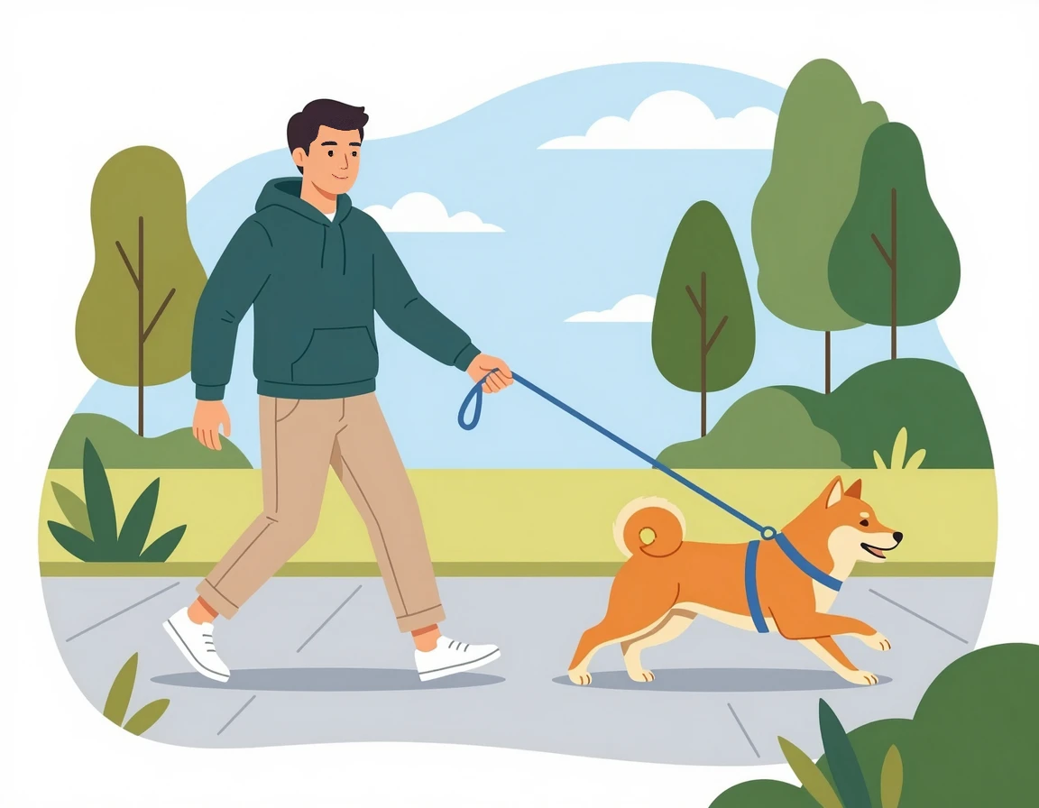 강아지 산책시 리드줄을 당기며 앞서가는 시바견과 힘들어하는 보호자 일러스트