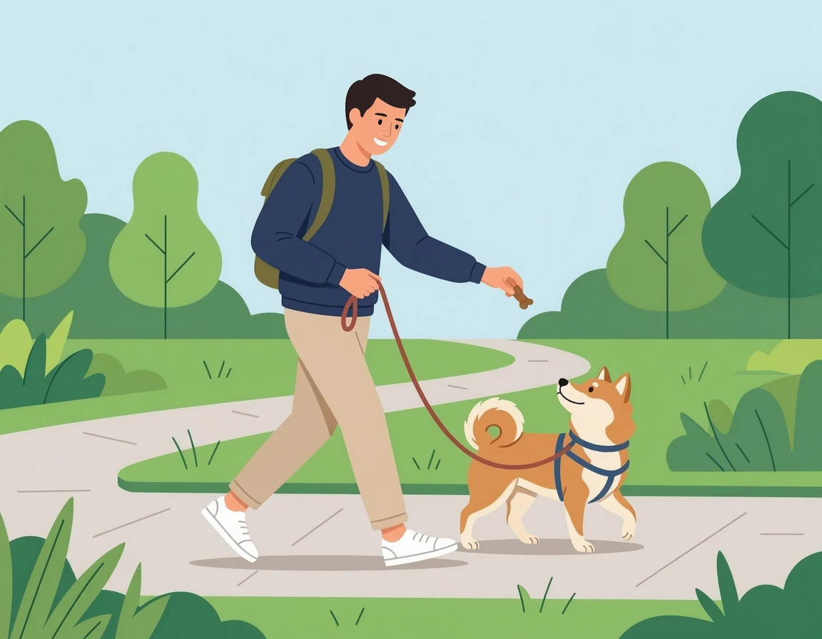 보호자 옆에서 얌전하게 걷는 시바견에게 간식으로 보상하는 훈련 일러스트