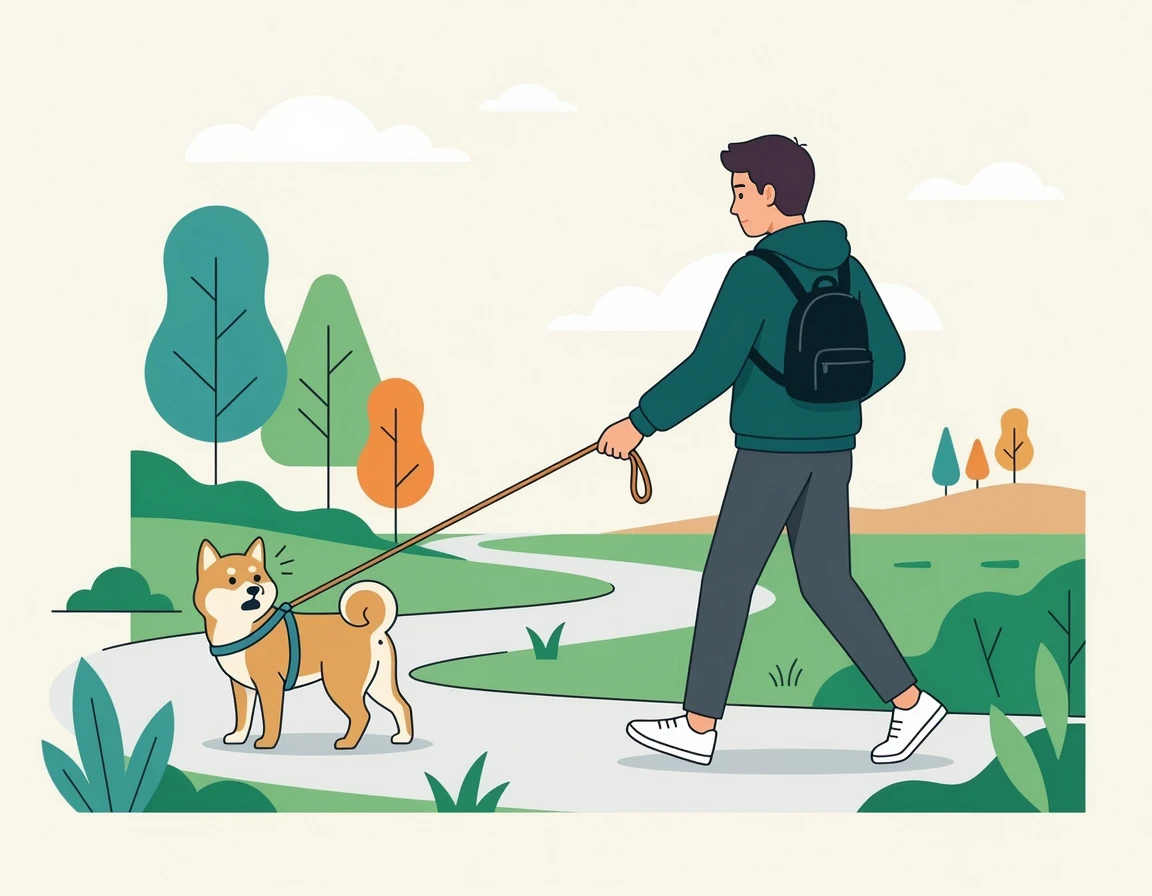 반대 방향으로 돌아서 걷는 보호자와 당황한 강아지 일러스트