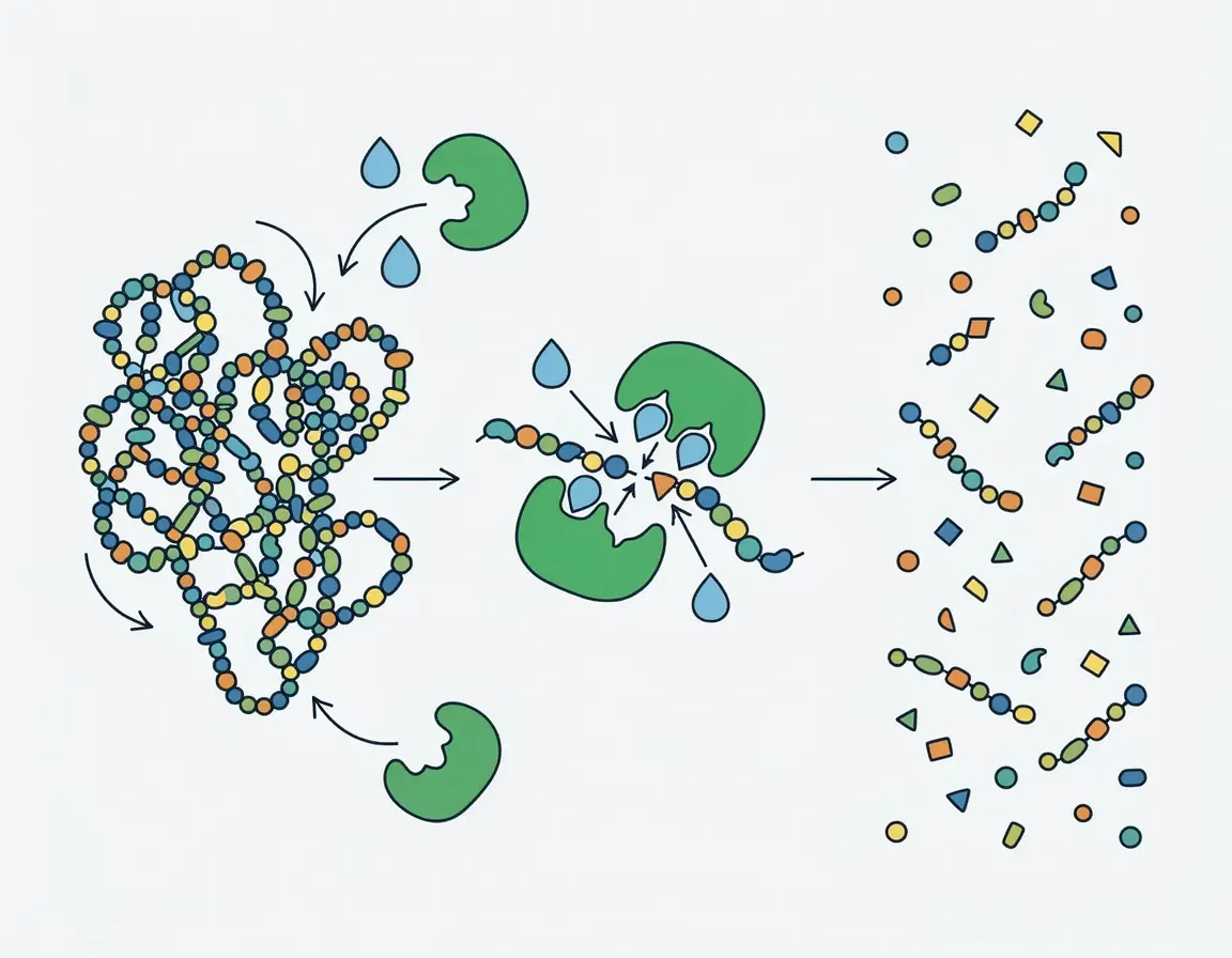 단백질이 효소에 의해 작게 쪼개지는 가수분해 사료의 원리 일러스트