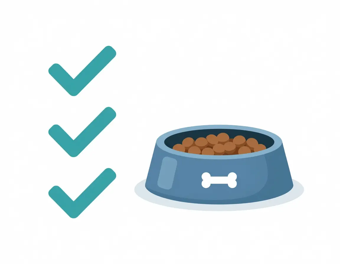 사료 선택의 3가지 기준을 보여주는 체크마크와 강아지 식기 일러스트