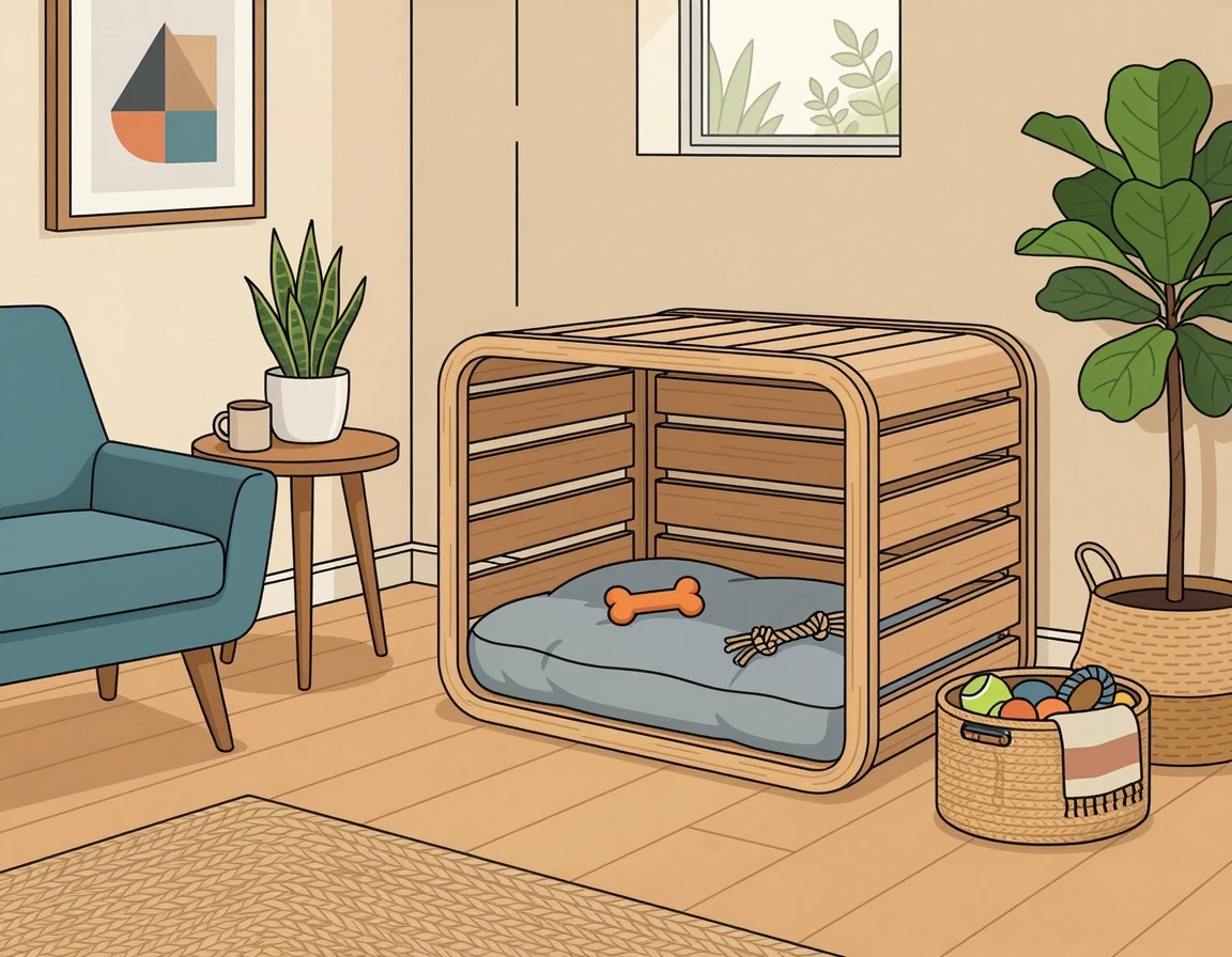 분리불안을 위해 아늑하게 꾸며진 강아지 켄넬과 방석