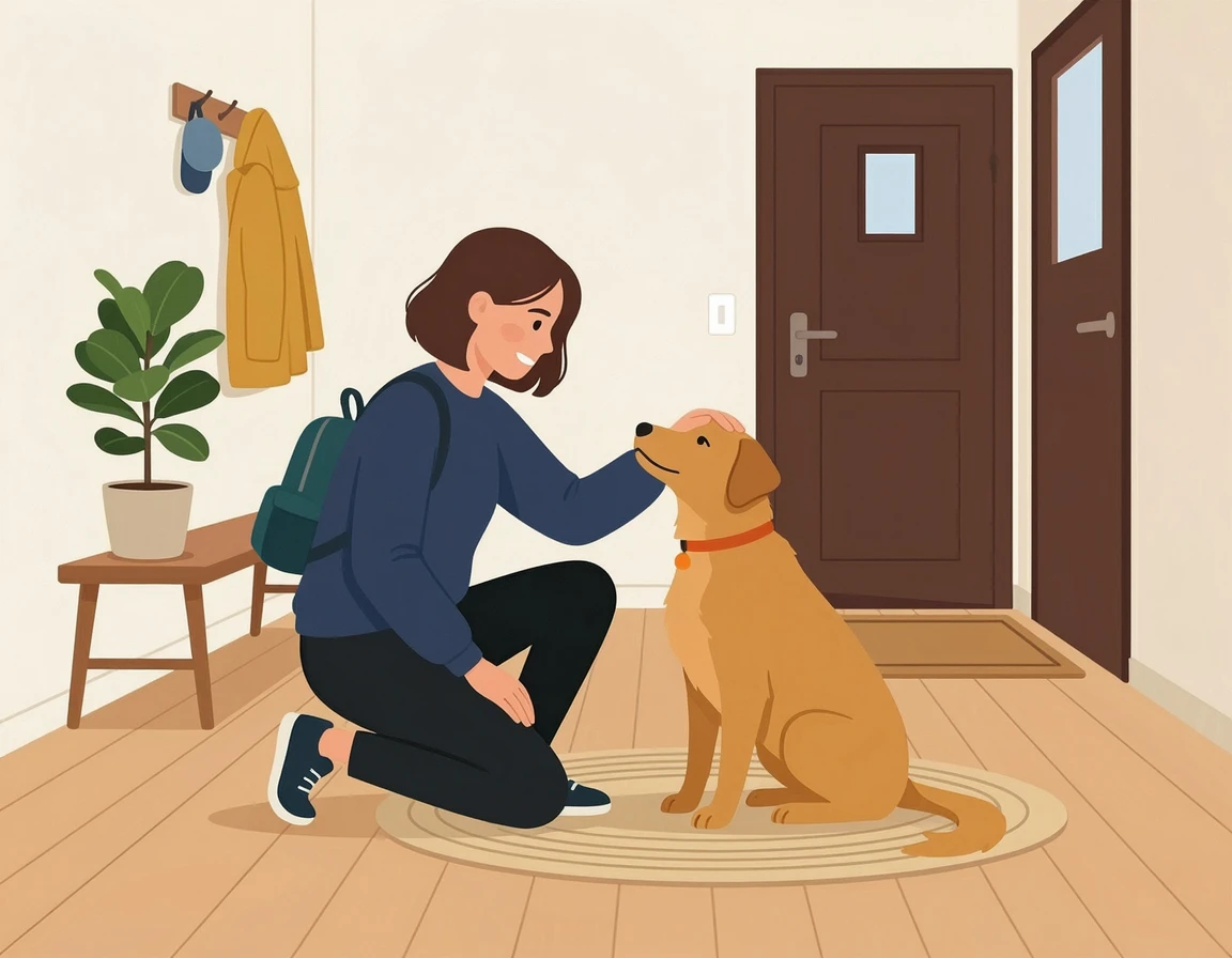 차분하게 앉아있는 강아지를 쓰다듬는 보호자