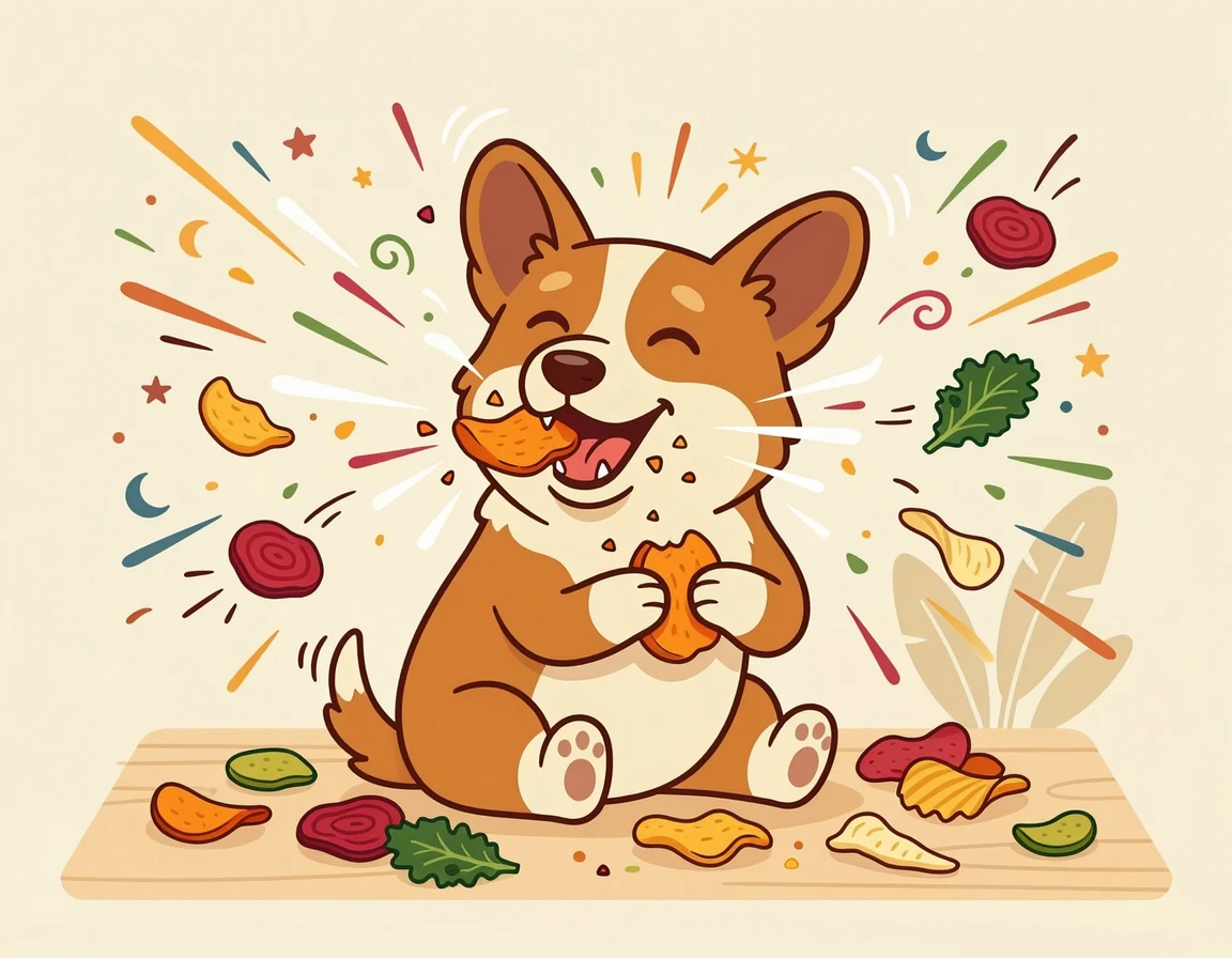 바삭한 야채칩을 즐겁게 먹는 강아지