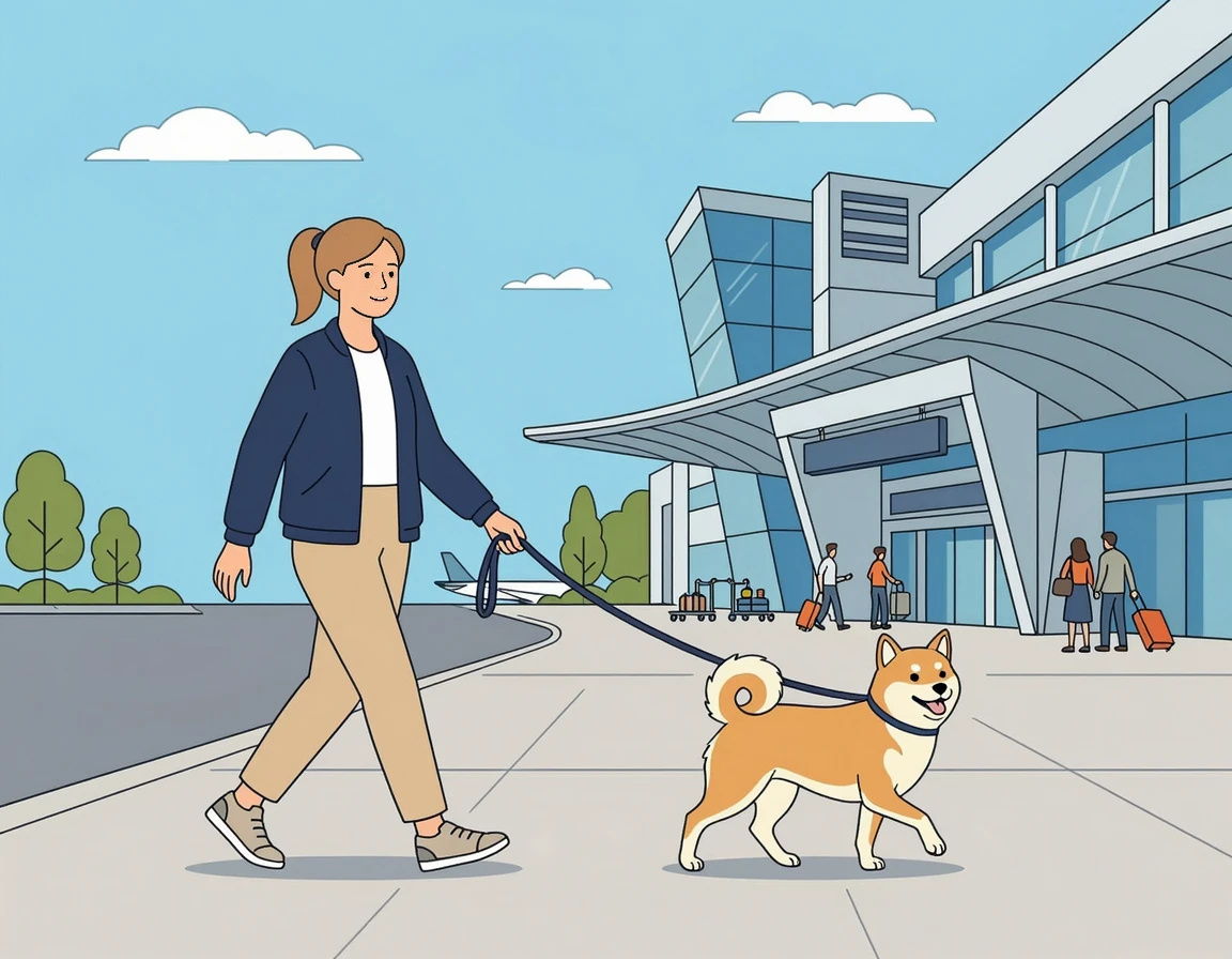 공항 터미널 밖에서 시바견과 산책하는 사람