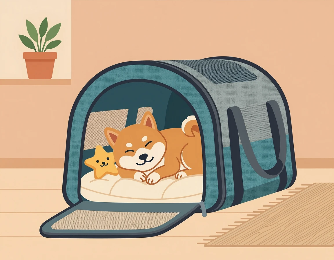 장난감과 함께 케이지 안에서 편안하게 쉬고 있는 강아지