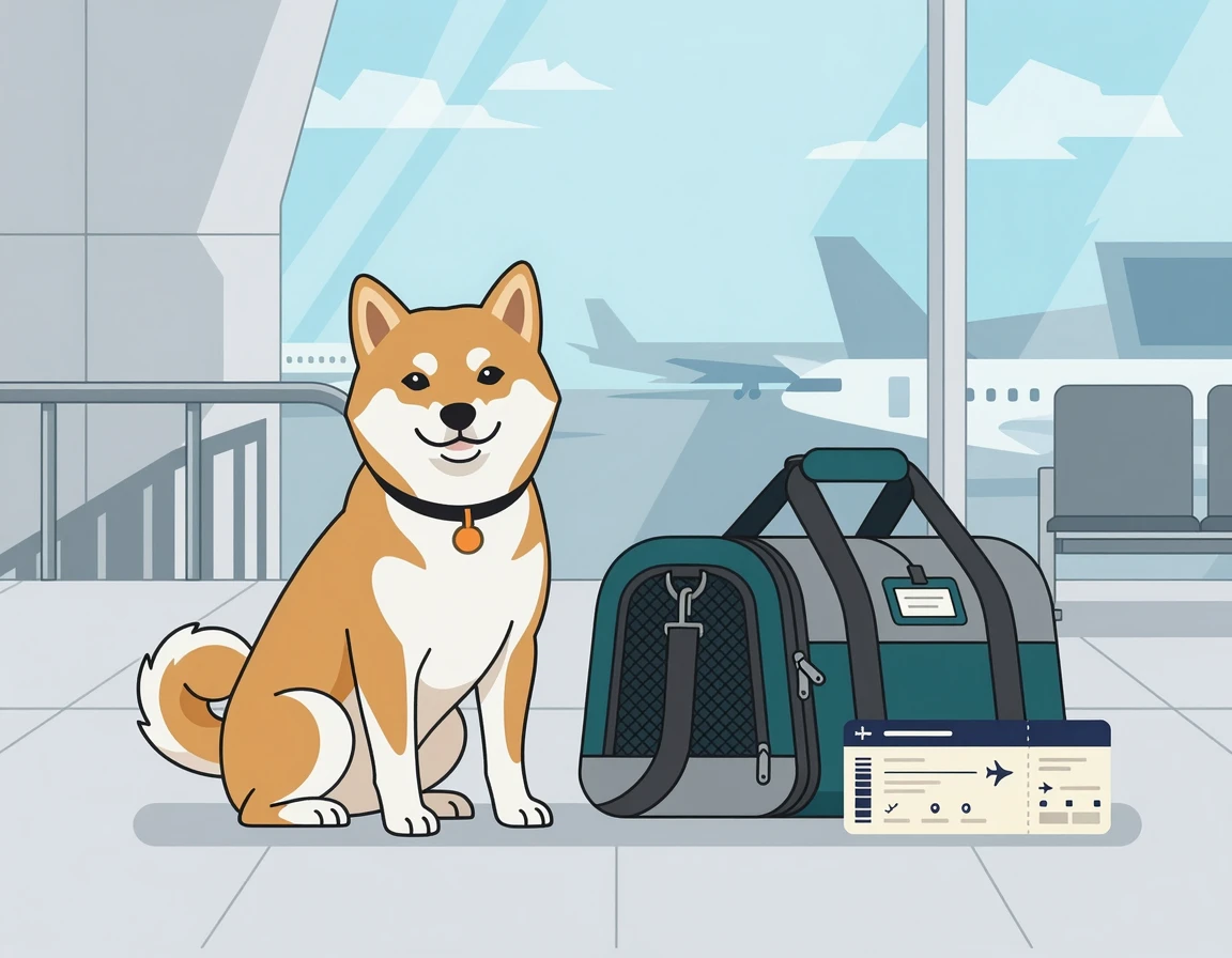 여행용 케이지와 강아지 비행기 티켓 옆에 앉아있는 시바견