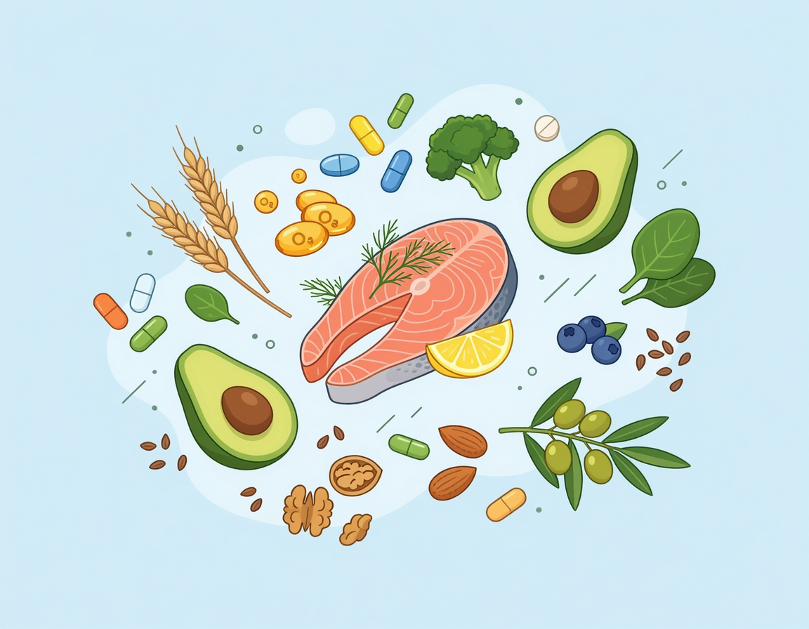 오메가3, 연어, 비타민 등 건강한 영양 성분 일러스트
