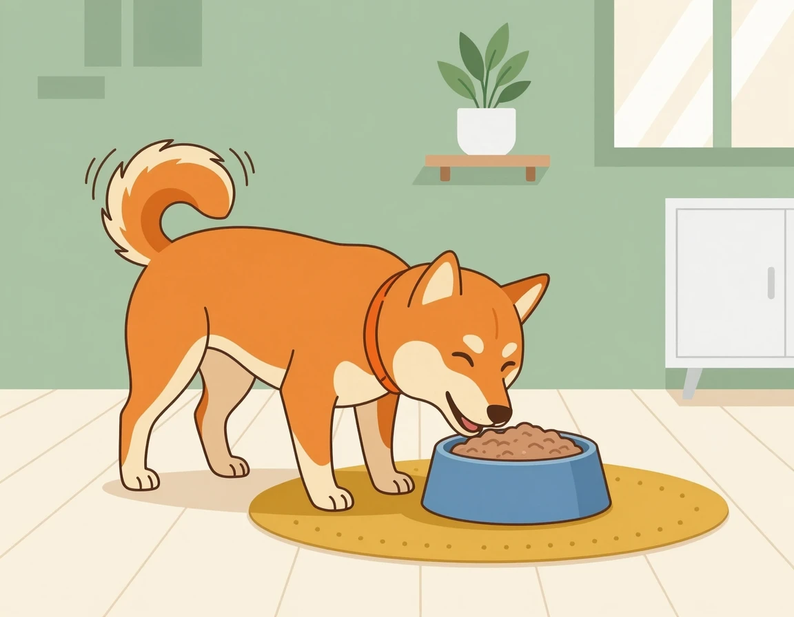 부드러운 파테 타입의 습식 사료를 먹으며 행복해하는 시바견