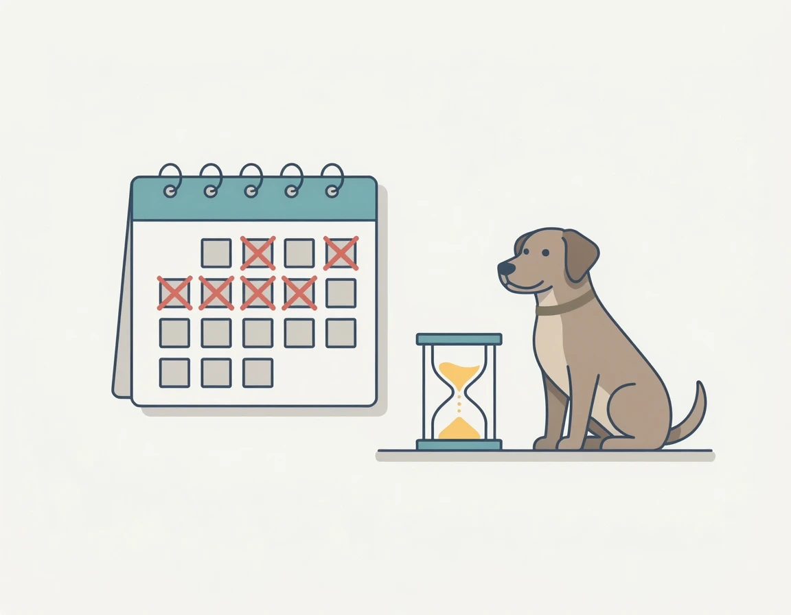 달력과 모래시계 옆에서 기다리는 강아지 일러스트