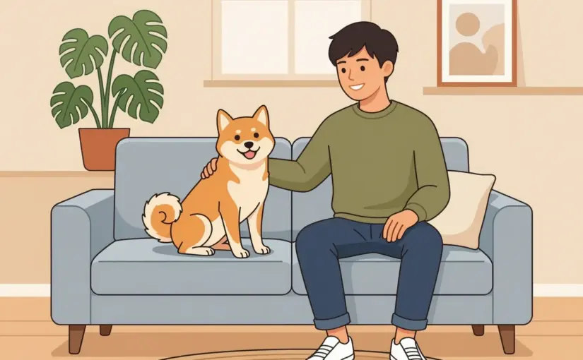 시바견 베니와 함께 있는 20대 남성 일러스트