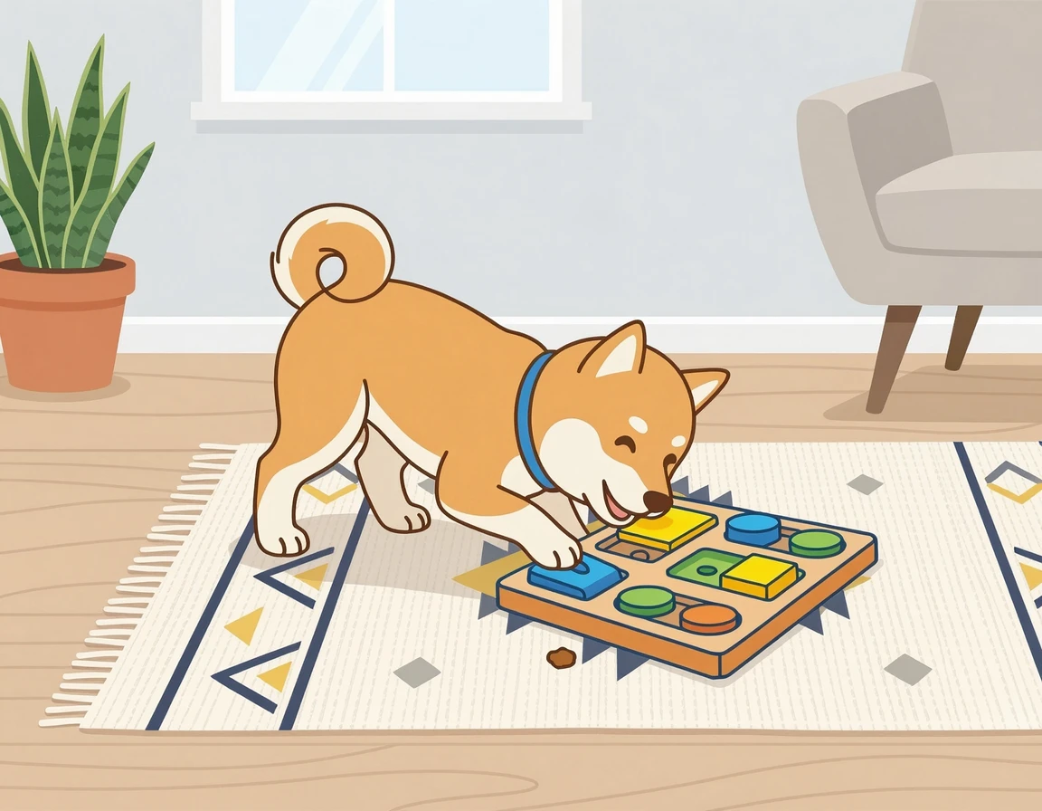 퍼즐형 노즈워크 장난감을 가지고 노는 시바견