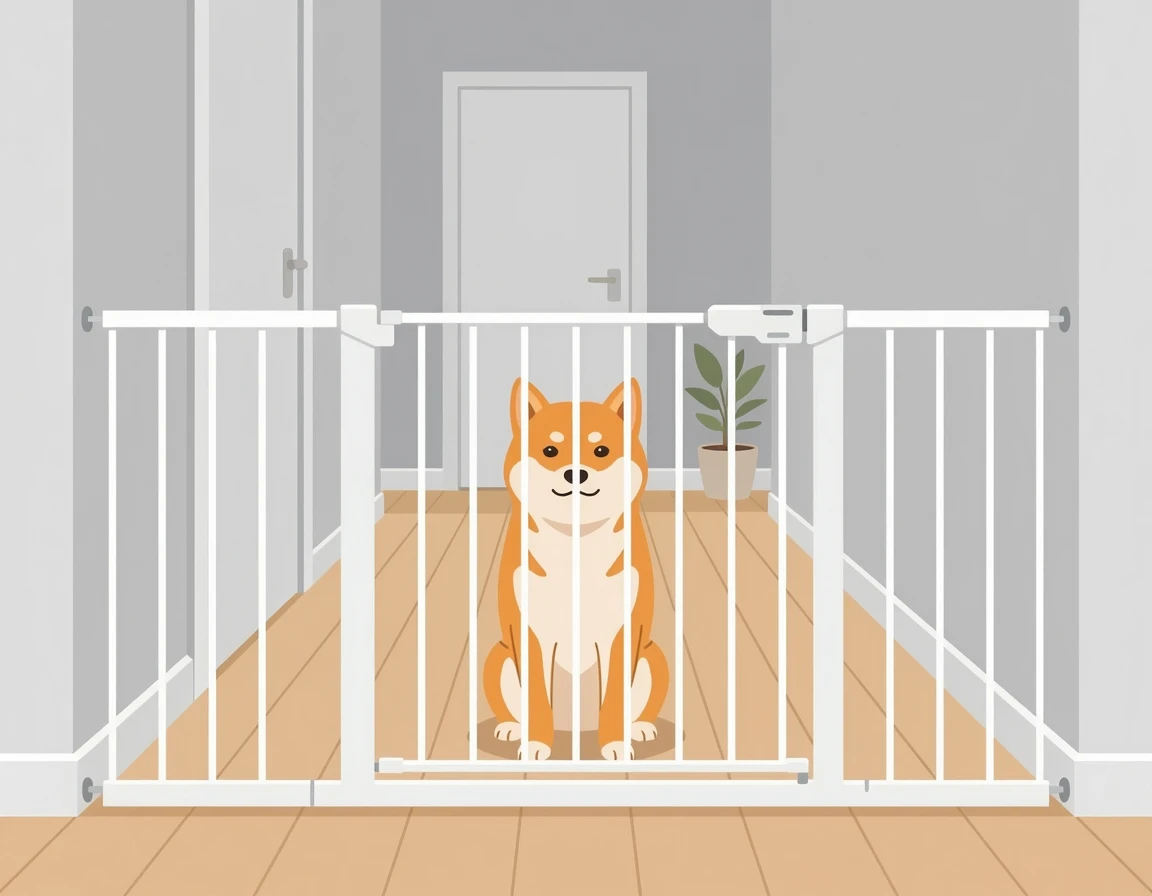 안전문 뒤에 얌전히 앉아있는 시바견 일러스트