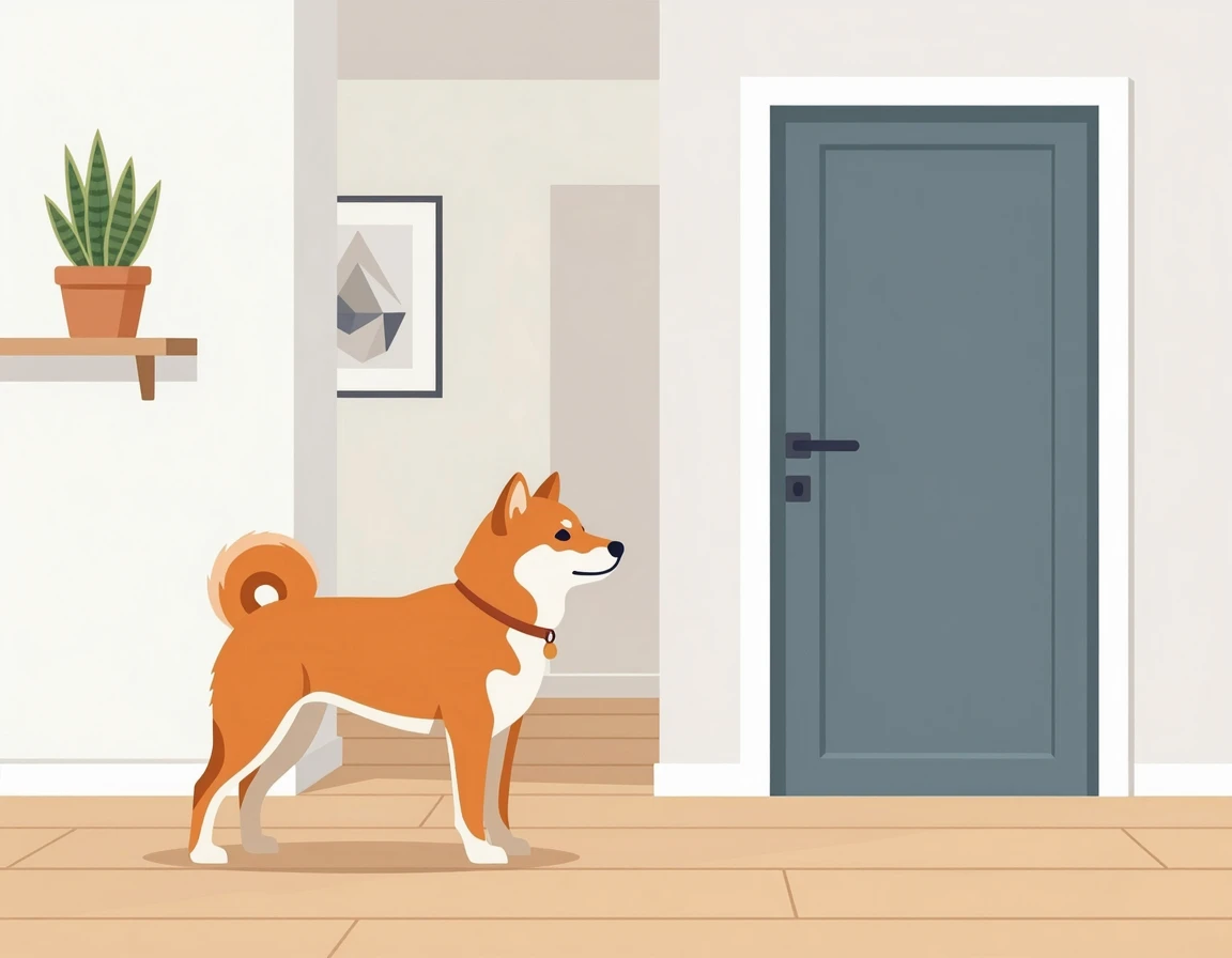 현관문을 바라보며 경계하는 시바견 일러스트