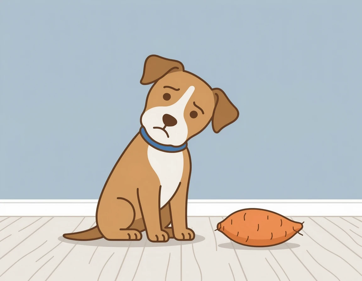 생고구마를 보고 갸우뚱하는 강아지 일러스트