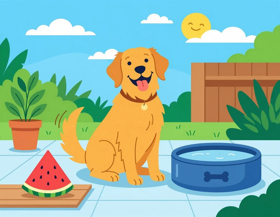 수박으로 수분 보충을 하는 강아지 일러스트