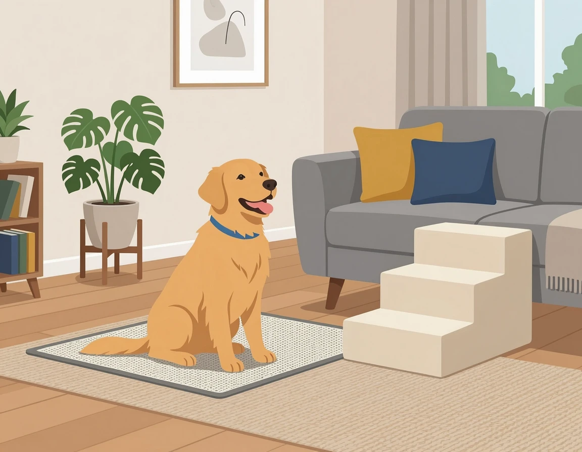 미끄럼 방지 매트와 강아지 계단이 설치된 안전한 거실 환경 일러스트