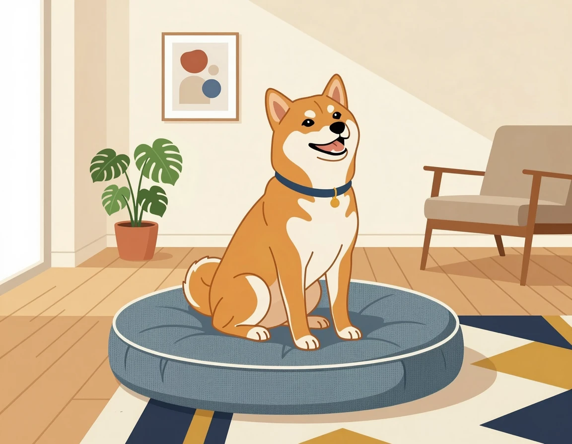 방석 위에서 간식을 기다리는 행복한 시바견 일러스트