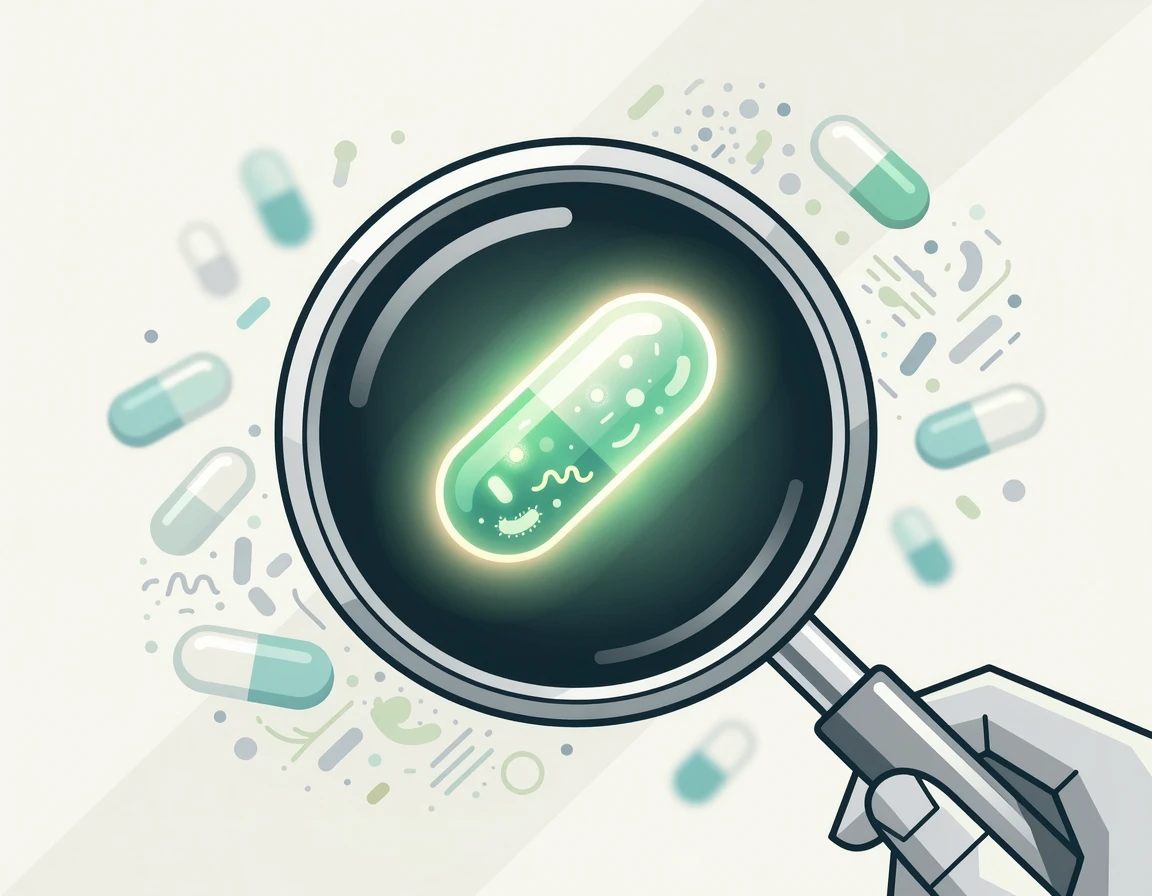 유산균 캡슐을 돋보기로 보는 일러스트
