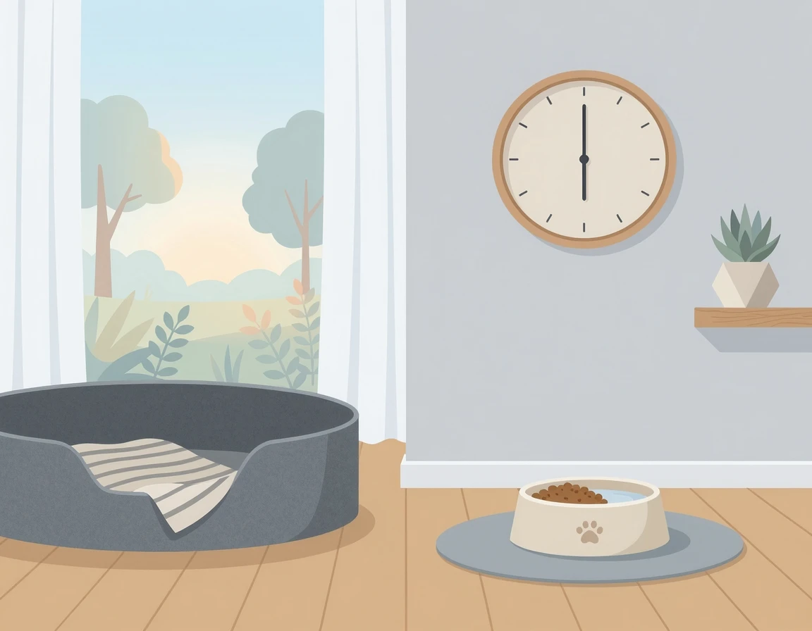 아침 시간 강아지 밥그릇과 시계 일러스트