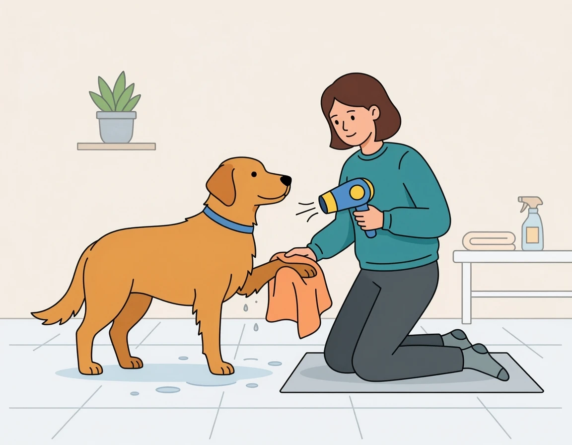 강아지 발바닥을 드라이기로 말려주는 보호자