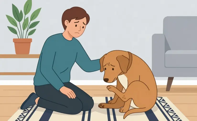 뒷다리가 아파서 슬퍼하는 강아지와 걱정하는 보호자 일러스트