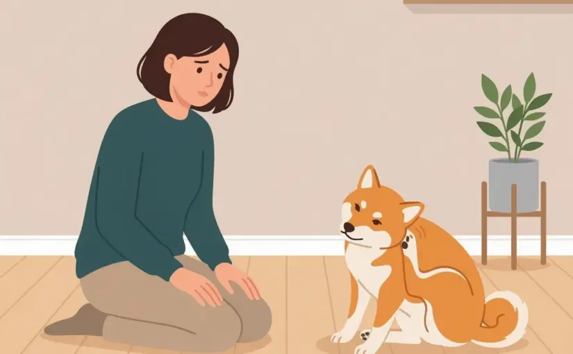 귀를 긁는 시바견과 걱정하는 보호자 일러스트