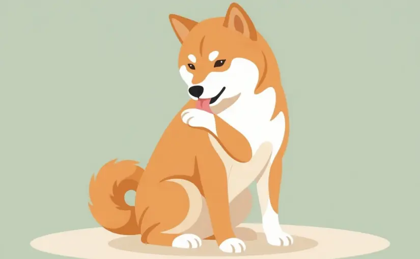 발을 핥고 있는 시바견 강아지 일러스트