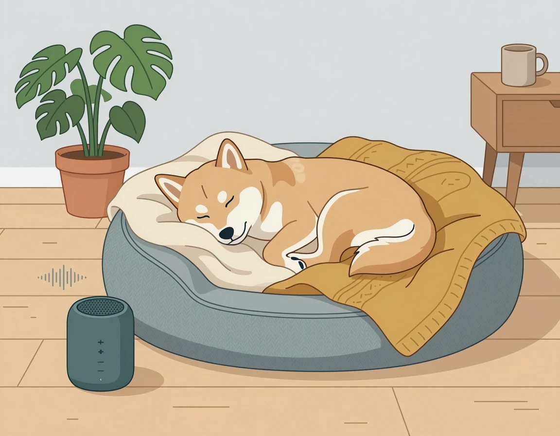 아늑한 방석에서 편안하게 자고 있는 시바견