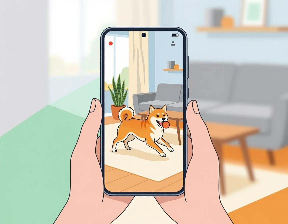 스마트폰으로 강아지 펫캠을 확인하는 모습