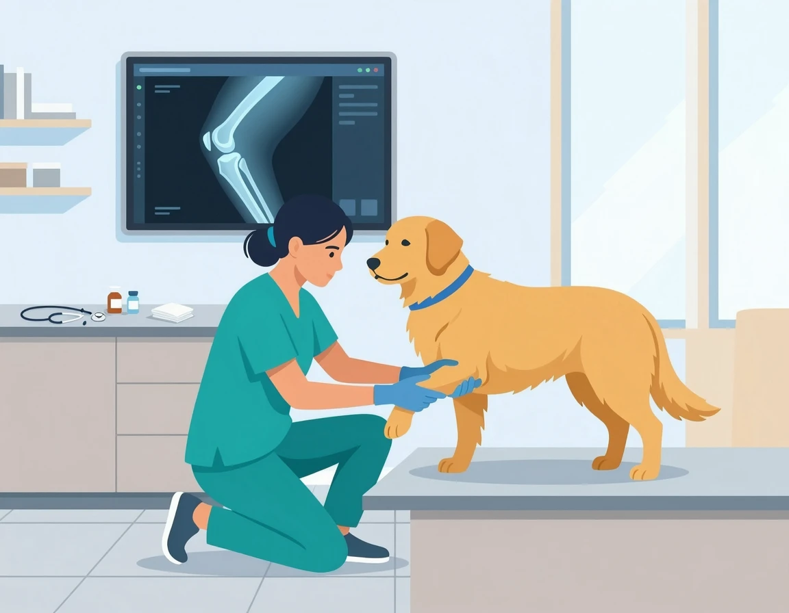 수의사가 강아지의 관절을 진찰하는 모습