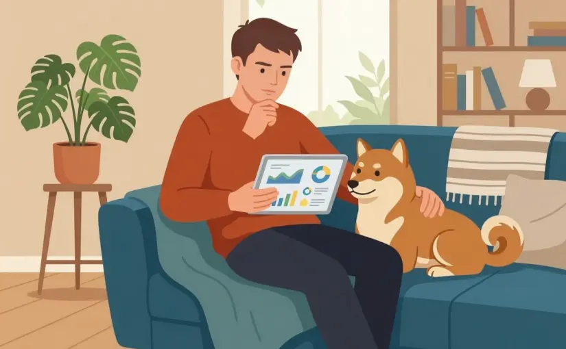 강아지와 함께 태블릿으로 보험 정보를 찾아보는 남성 일러스트