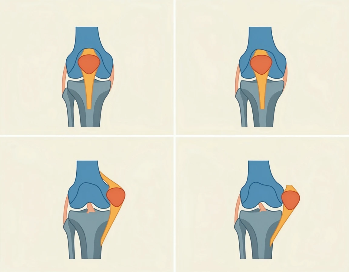 강아지 무릎 관절과 슬개골 탈구 진행 단계를 보여주는 일러스트