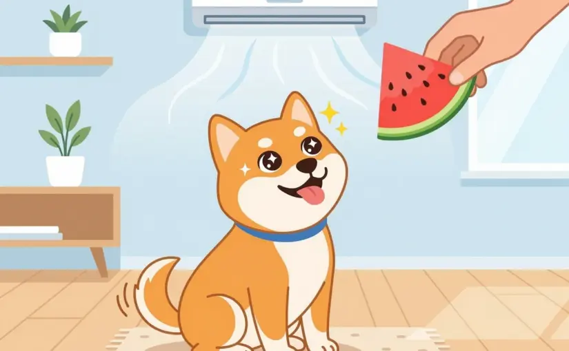 수박을 쳐다보는 귀여운 시바견 일러스트