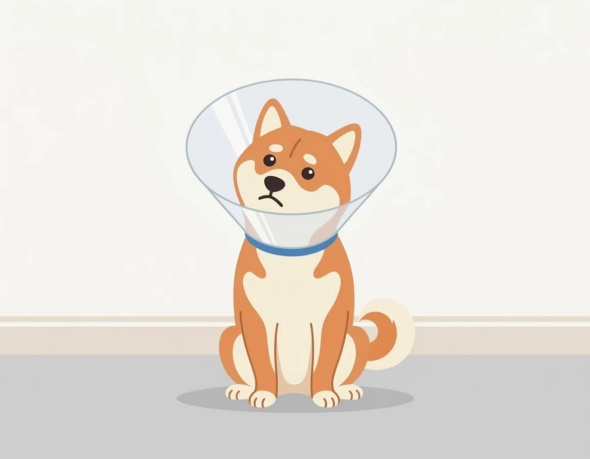 플라스틱 넥카라를 쓰고 있는 강아지