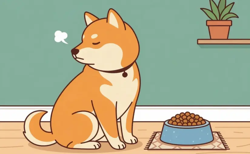 사료를 거부하고 고개를 돌리는 시바견 일러스트