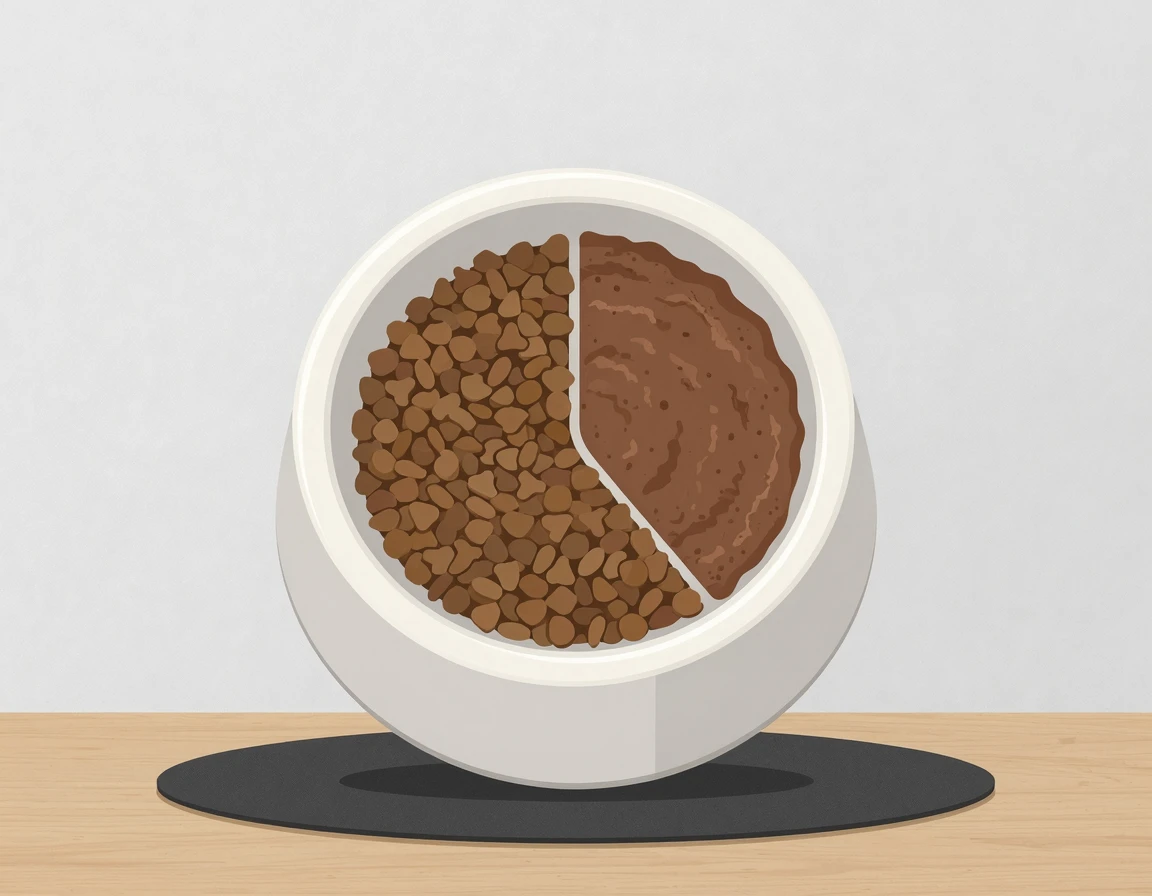 밥그릇 안에 알갱이와 캔 내용물이 황금 비율로 나뉜 일러스트