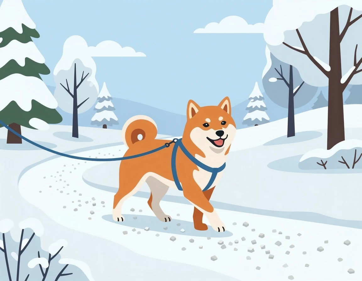 눈길 위 제설제가 뿌려진 도로를 걷는 강아지